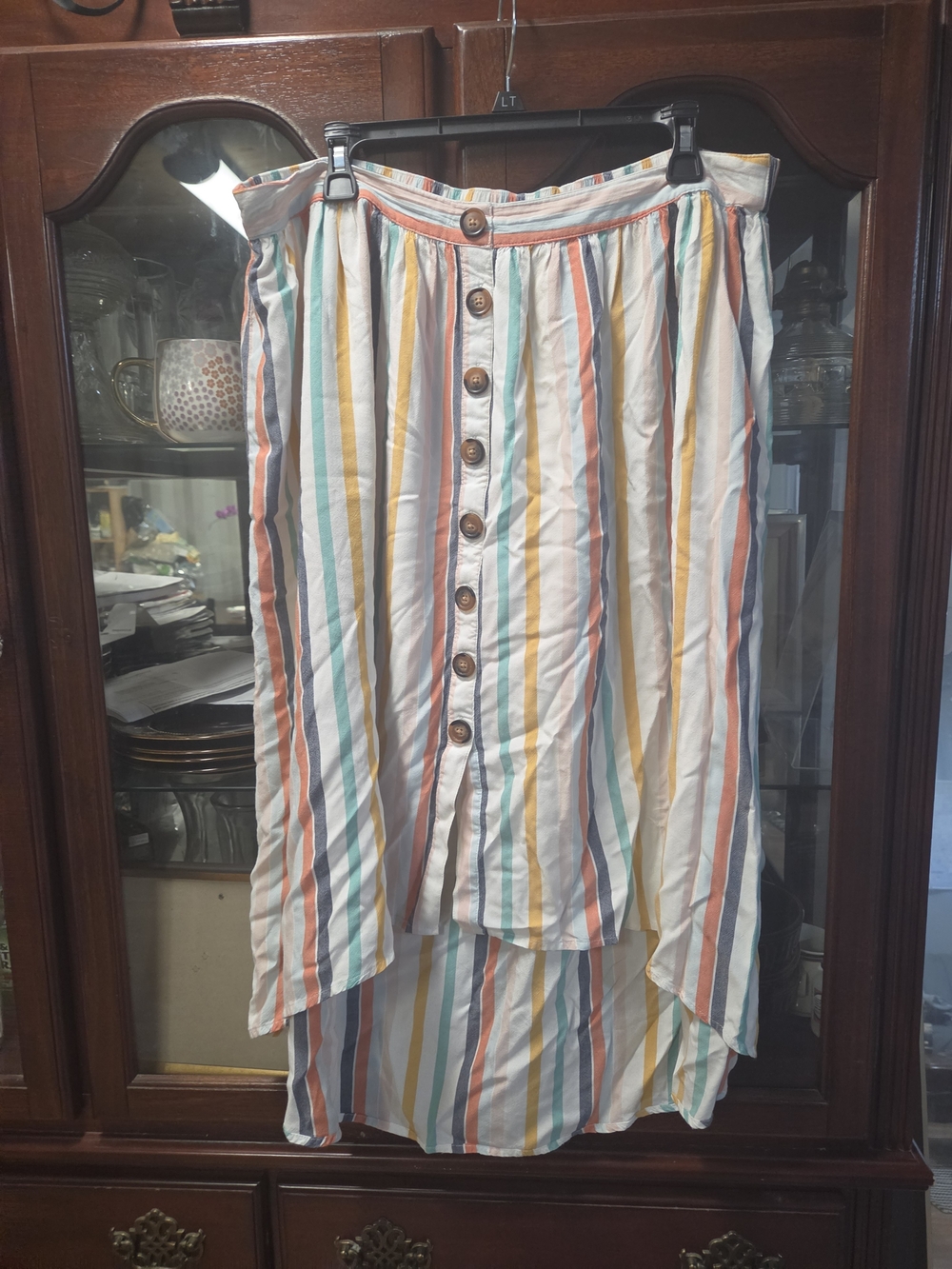 Striped Button-Front High-Low Maxi Skirt in Multi-Color